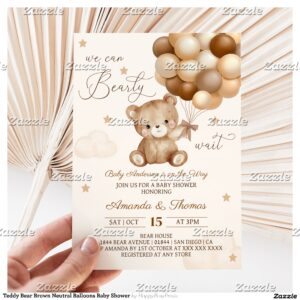 Teddy Bear Brown Neutral Balloons Baby Shower Invitation