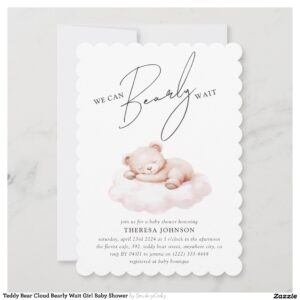 Teddy Bear Cloud Bearly Wait Girl Baby Shower Invitation