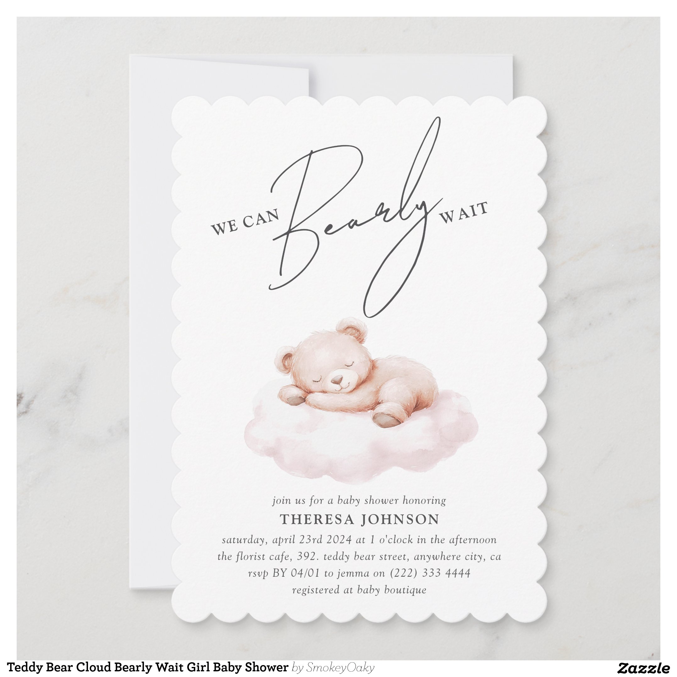 Teddy Bear Cloud Bearly Wait Girl Baby Shower Invitation