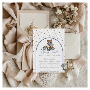 Teddy Bear Dusty Blue Berry Sweet Baby Shower Invitation