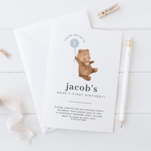 Teddy Bear First Birthday Invitation Blue Balloon