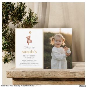 Teddy Bear First Birthday Party With Photo Invitation