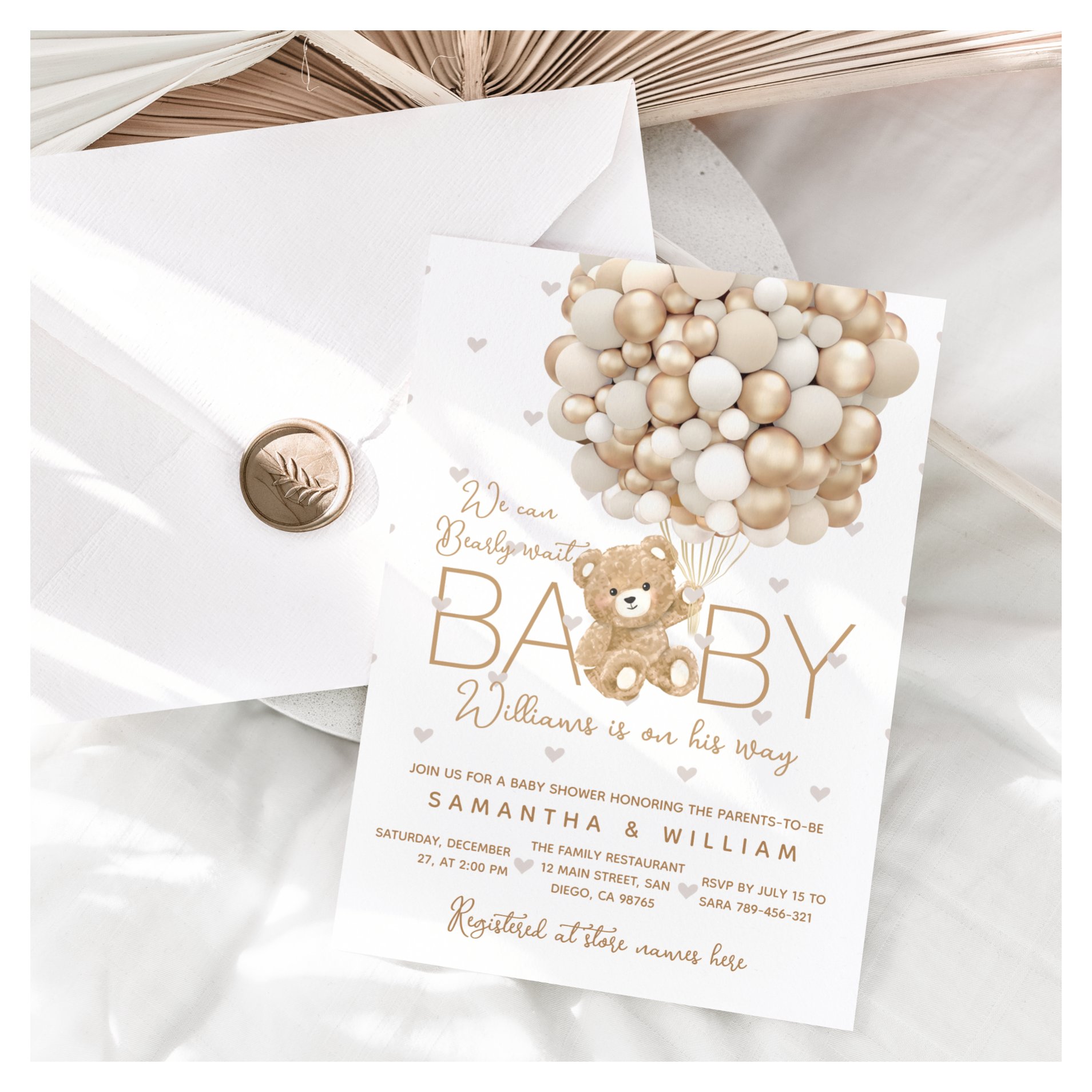 Teddy Bear Gold Balloon Gender Neutral Baby Shower Invitation