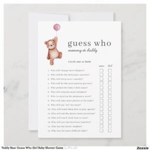 Teddy Bear Guess Who Girl Baby Shower Game Invitation