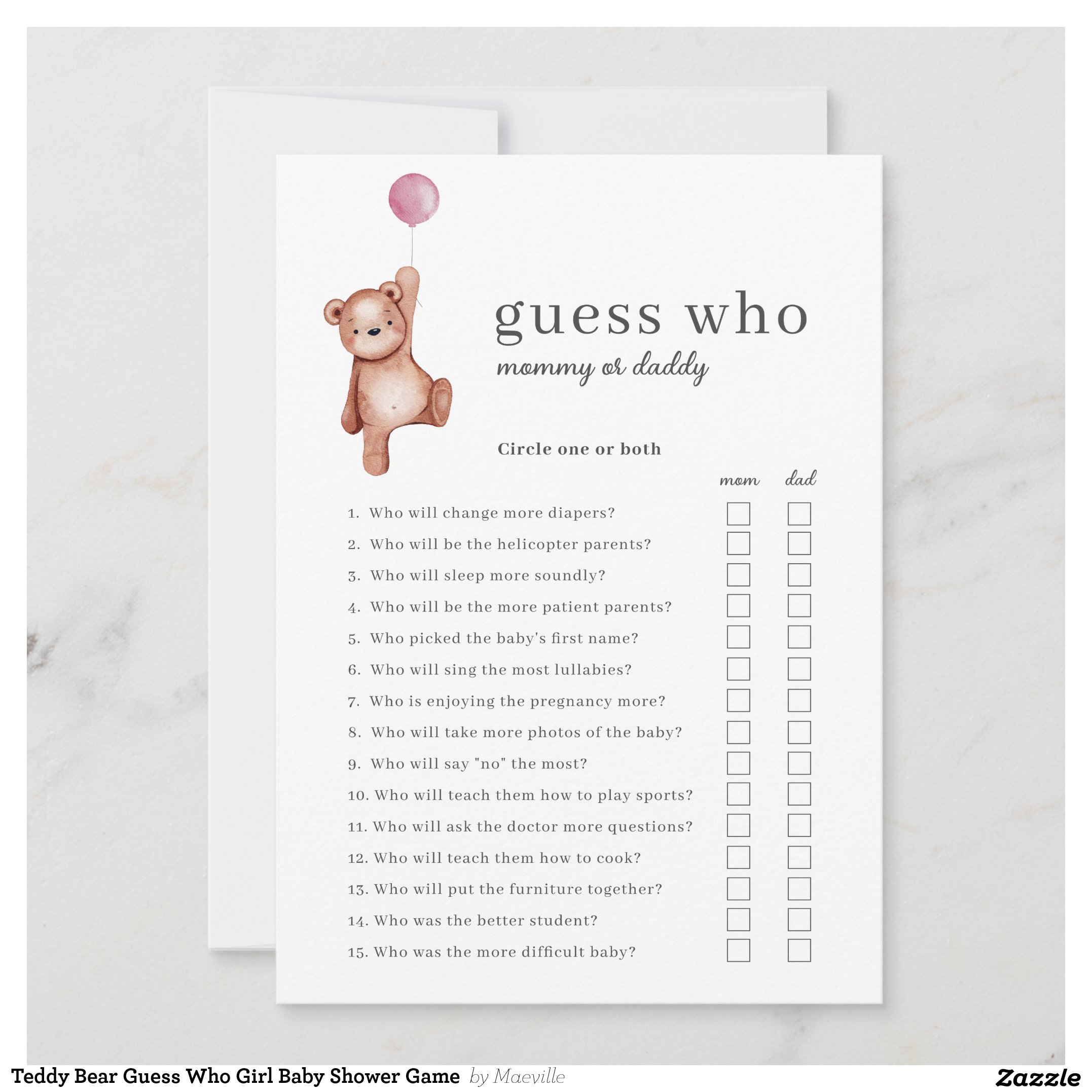 Teddy Bear Guess Who Girl Baby Shower Game Invitation
