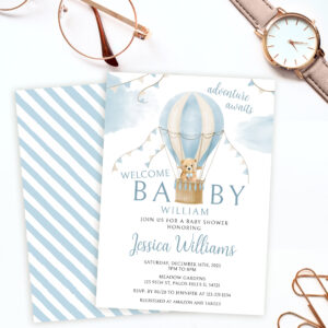 Teddy bear hot air balloon baby boy shower invitation