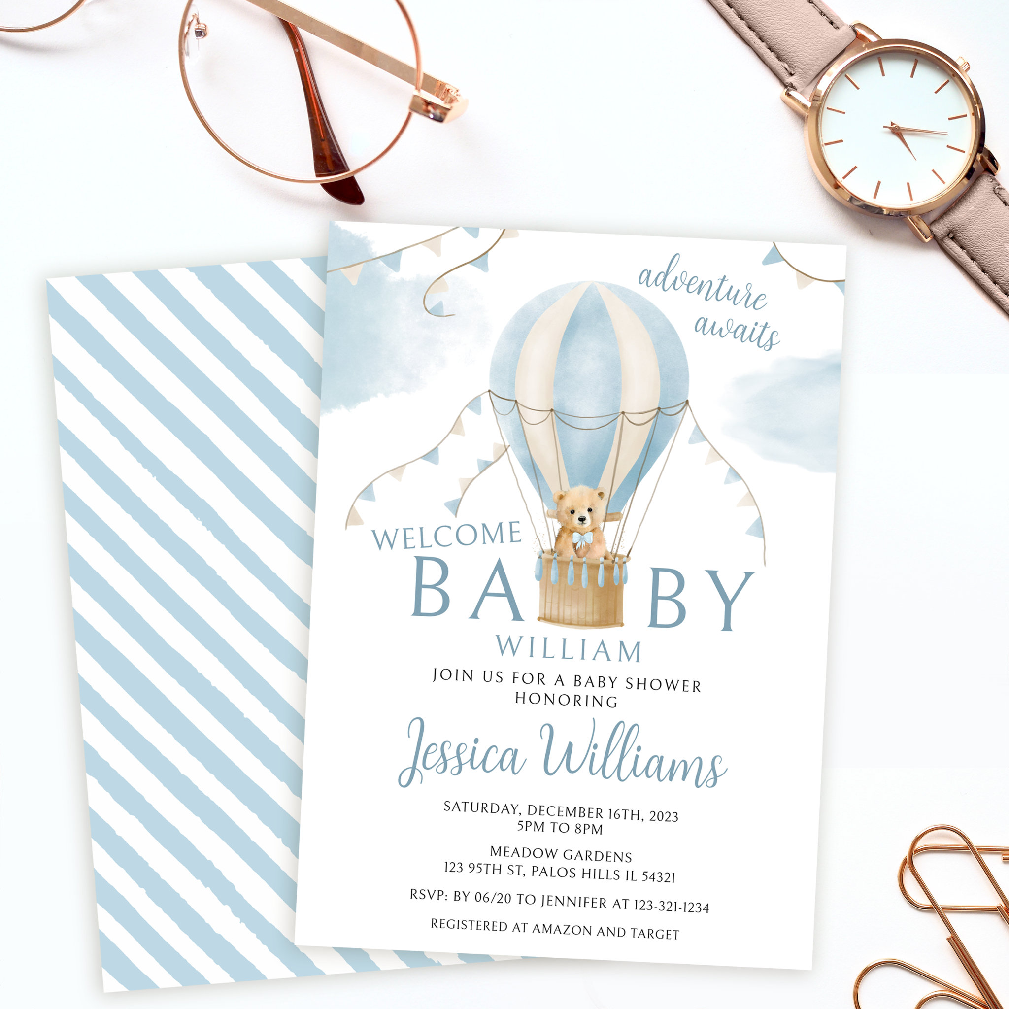 Teddy bear hot air balloon baby boy shower invitation