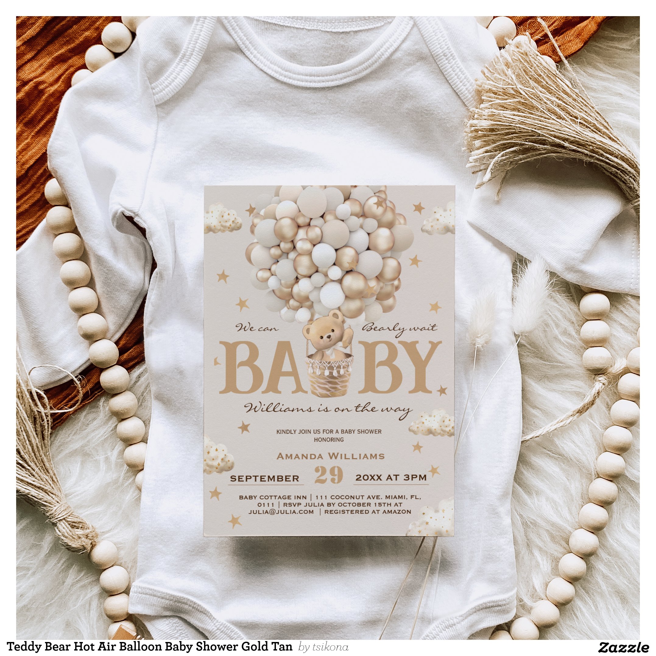 Teddy Bear Hot Air Balloon Baby Shower Gold Tan Invitation