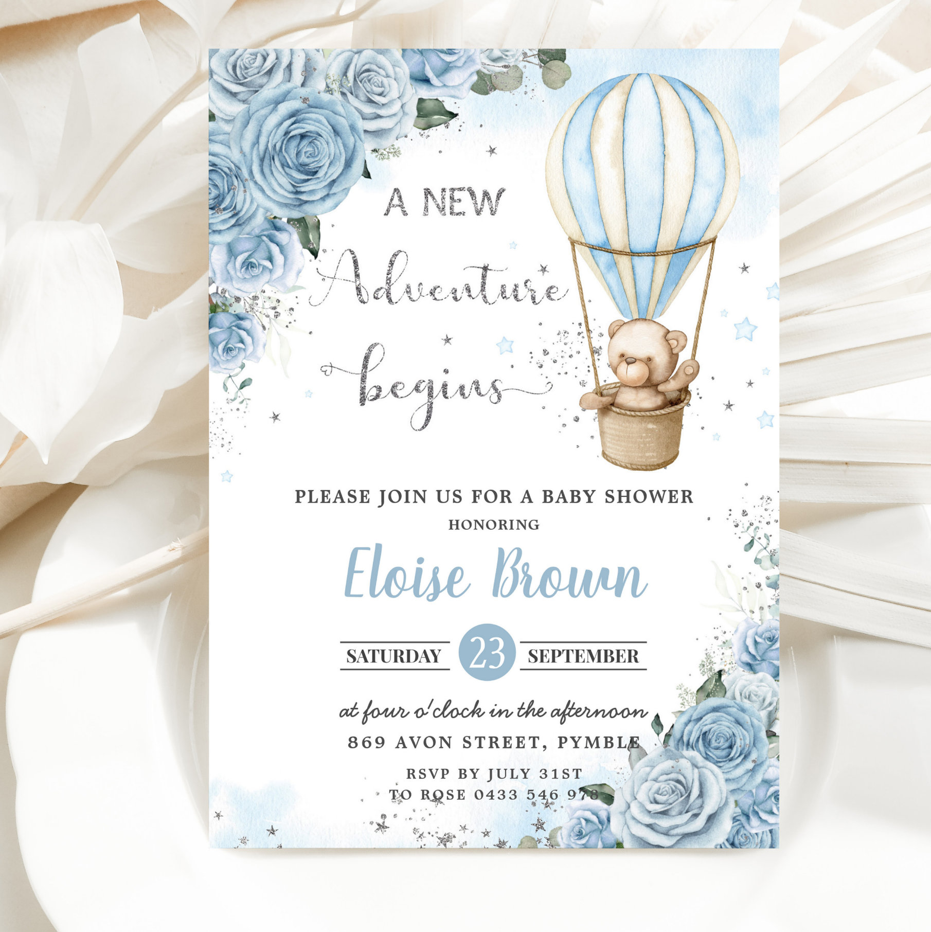 Teddy Bear Hot Air Balloon Blue Floral Baby Shower Invitation