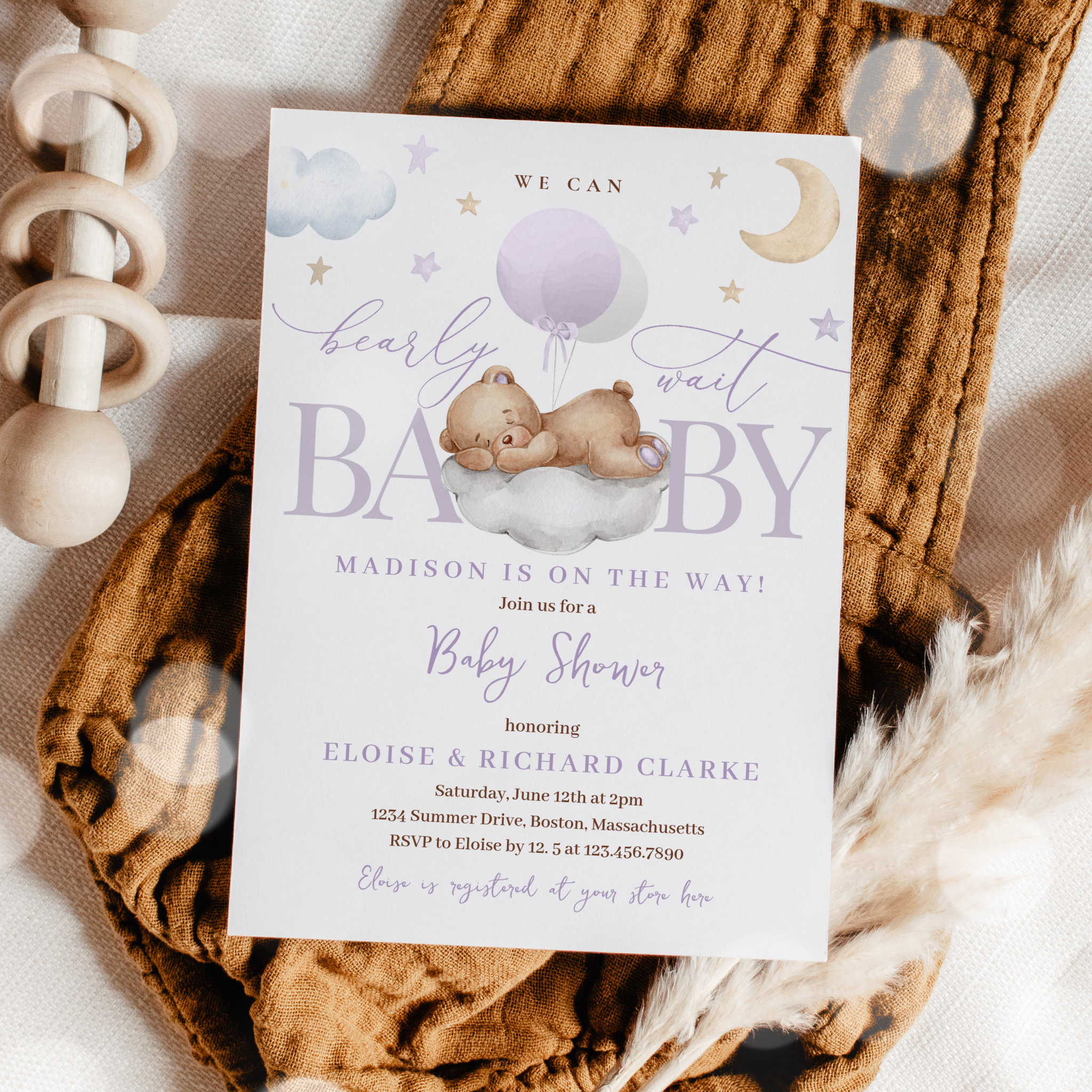 Teddy Bear Lilac Balloon Clouds Stars Baby Shower Invitation