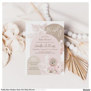 Teddy Bear Modern Boho Girl Baby Shower Invitation