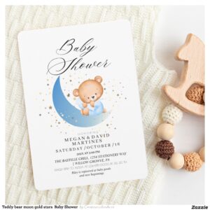 Teddy bear moon gold stars Baby Shower Invitation