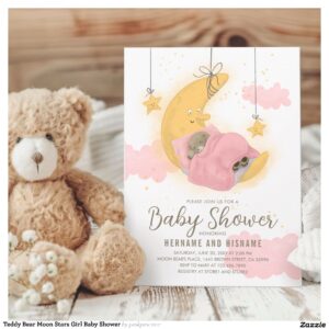 Teddy Bear Moon Stars Girl Baby Shower Invitation