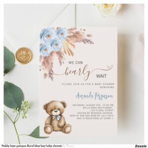 Teddy bear pampas floral blue boy baby shower invitation
