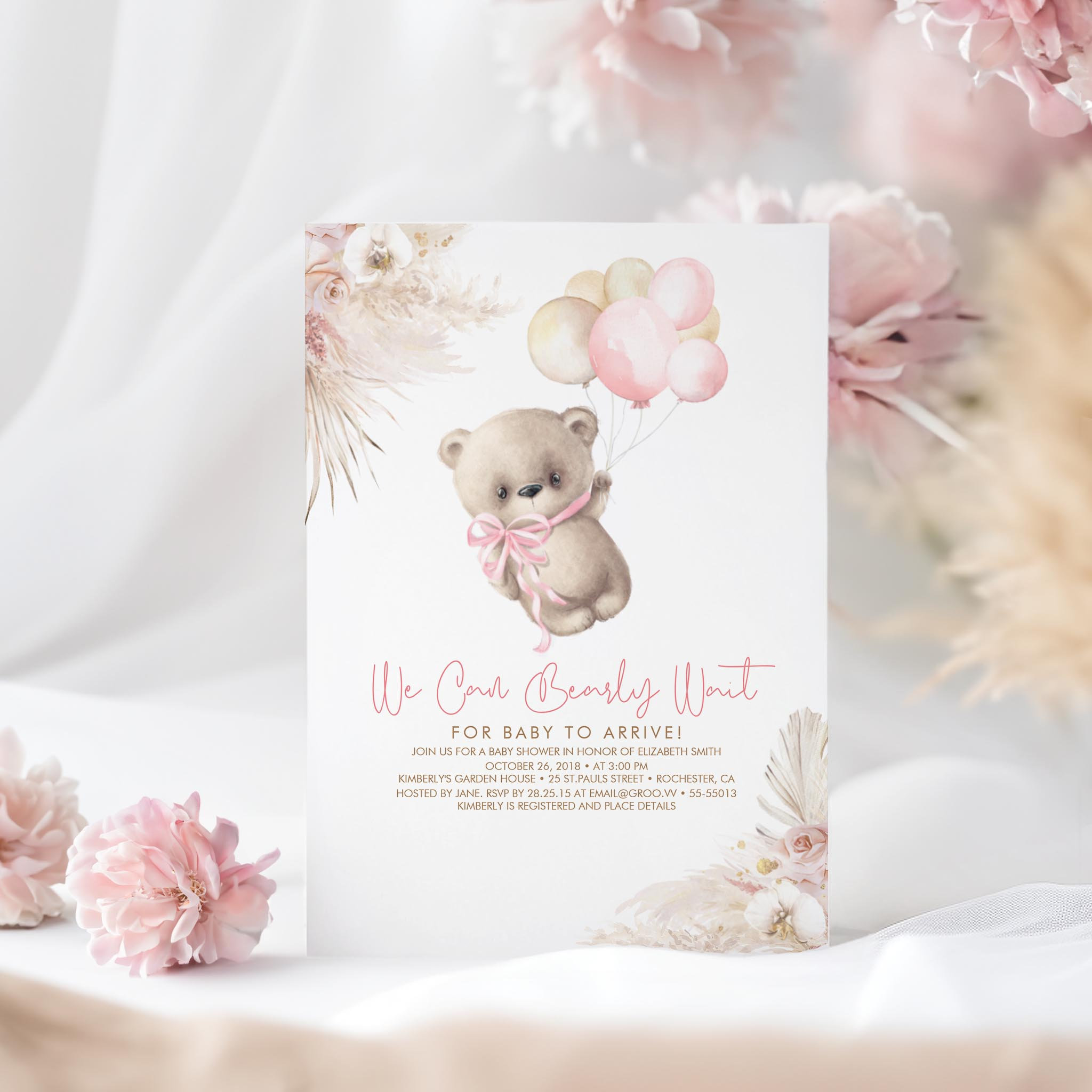 Teddy Bear Pastel Brown Pink Boho Girl Baby Shower Invitation