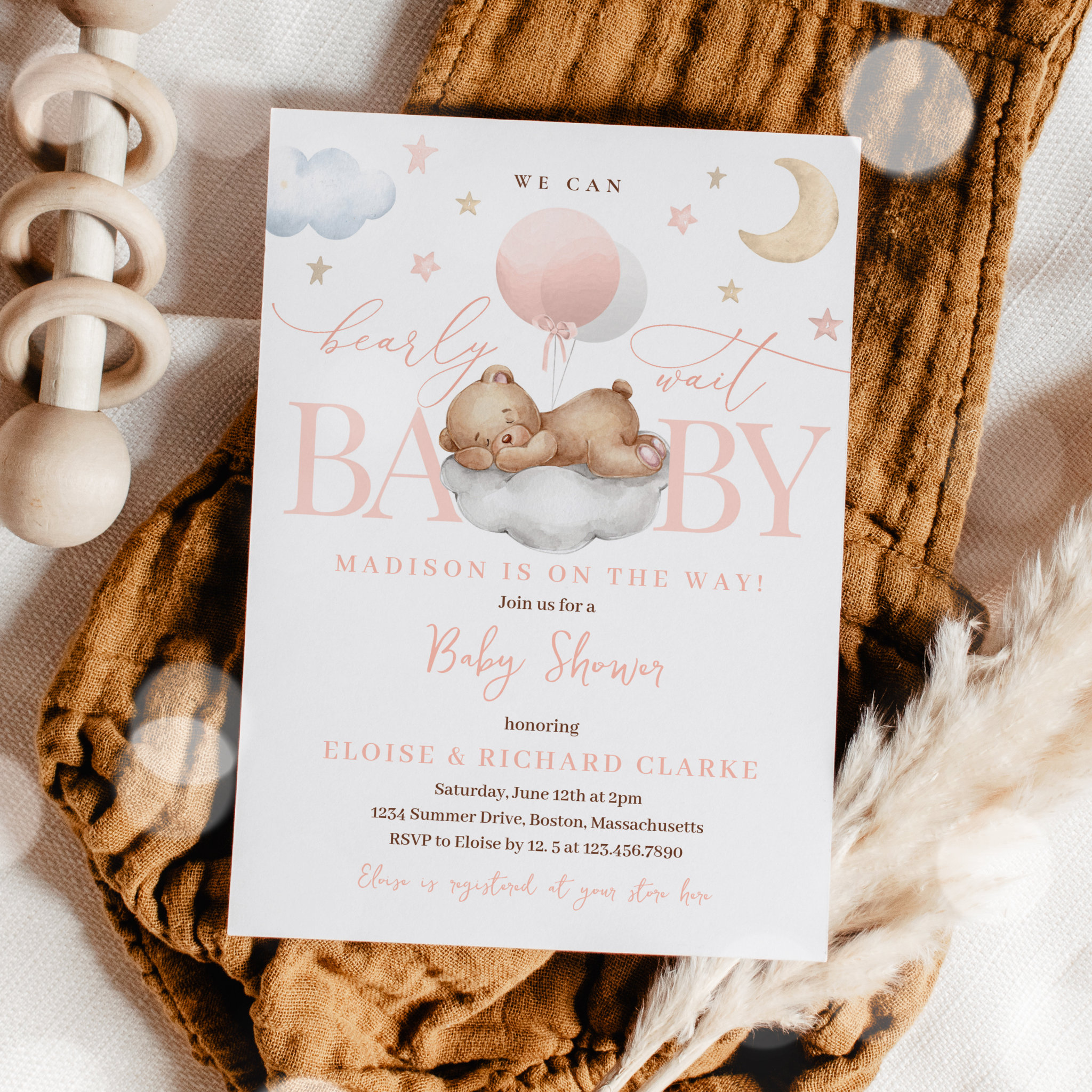 Teddy Bear Peach Balloon Clouds Stars Baby Shower Invitation