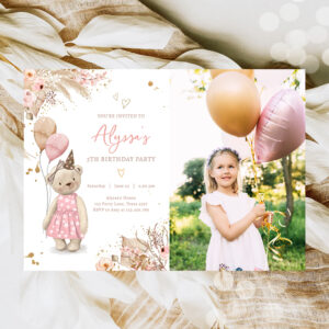 Teddy Bear Picnic Boho Pink Girl Birthday Party In Invitation