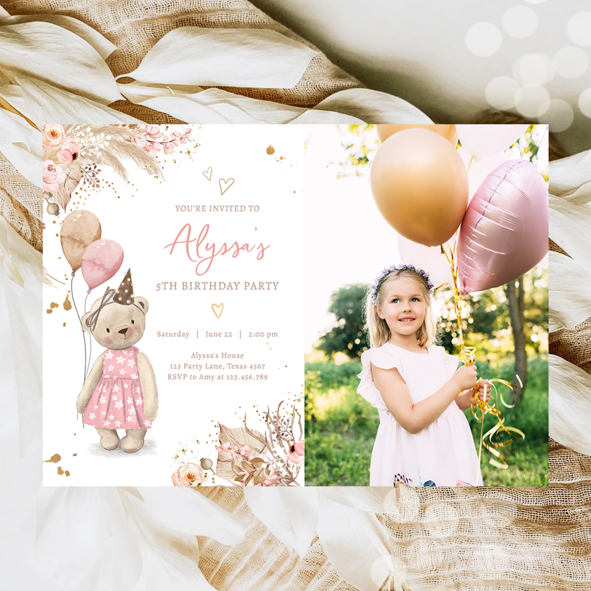 Teddy Bear Picnic Boho Pink Girl Birthday Party In Invitation