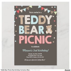 Teddy Bear Picnic Boy birthday Invitation Blue