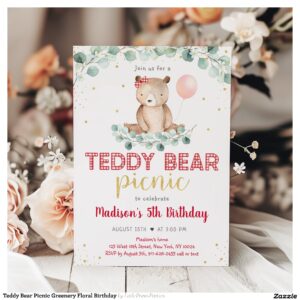 Teddy Bear Picnic Greenery Floral Birthday Invitation