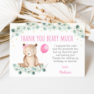 Teddy Bear Picnic Pink Floral Birthday Thank You Invitation