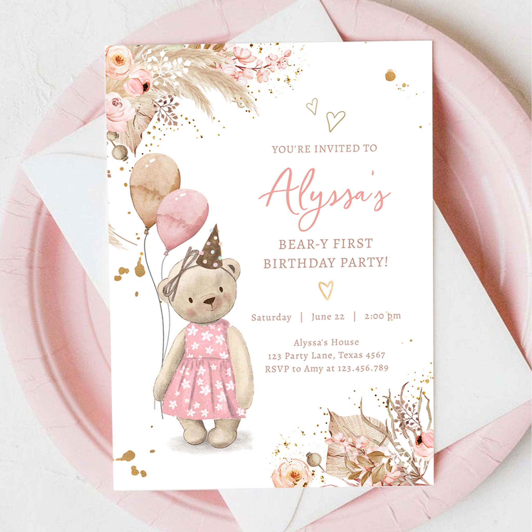 Teddy Bear Picnic Pink Girl First Birthday Party Invitation