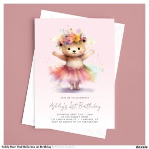 Teddy Bear Pink Ballerina 1st Birthday Invitation