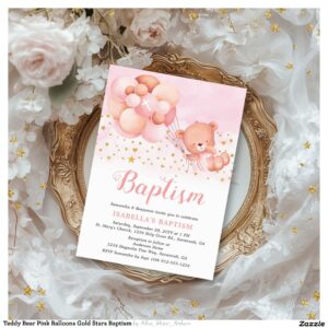 Teddy Bear Pink Balloons Gold Stars Baptism Invitation