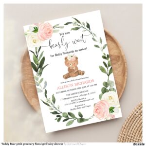 Teddy Bear pink greenery floral girl baby shower Invitation