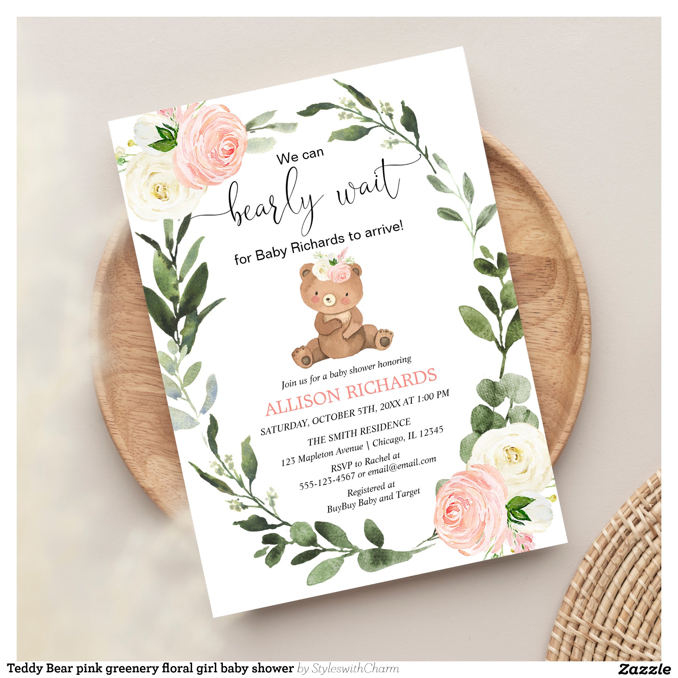 Teddy Bear pink greenery floral girl baby shower Invitation