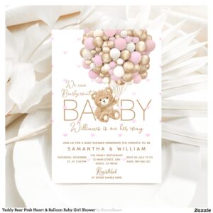 Teddy Bear Pink Heart & Balloon Baby Girl Shower Invitation