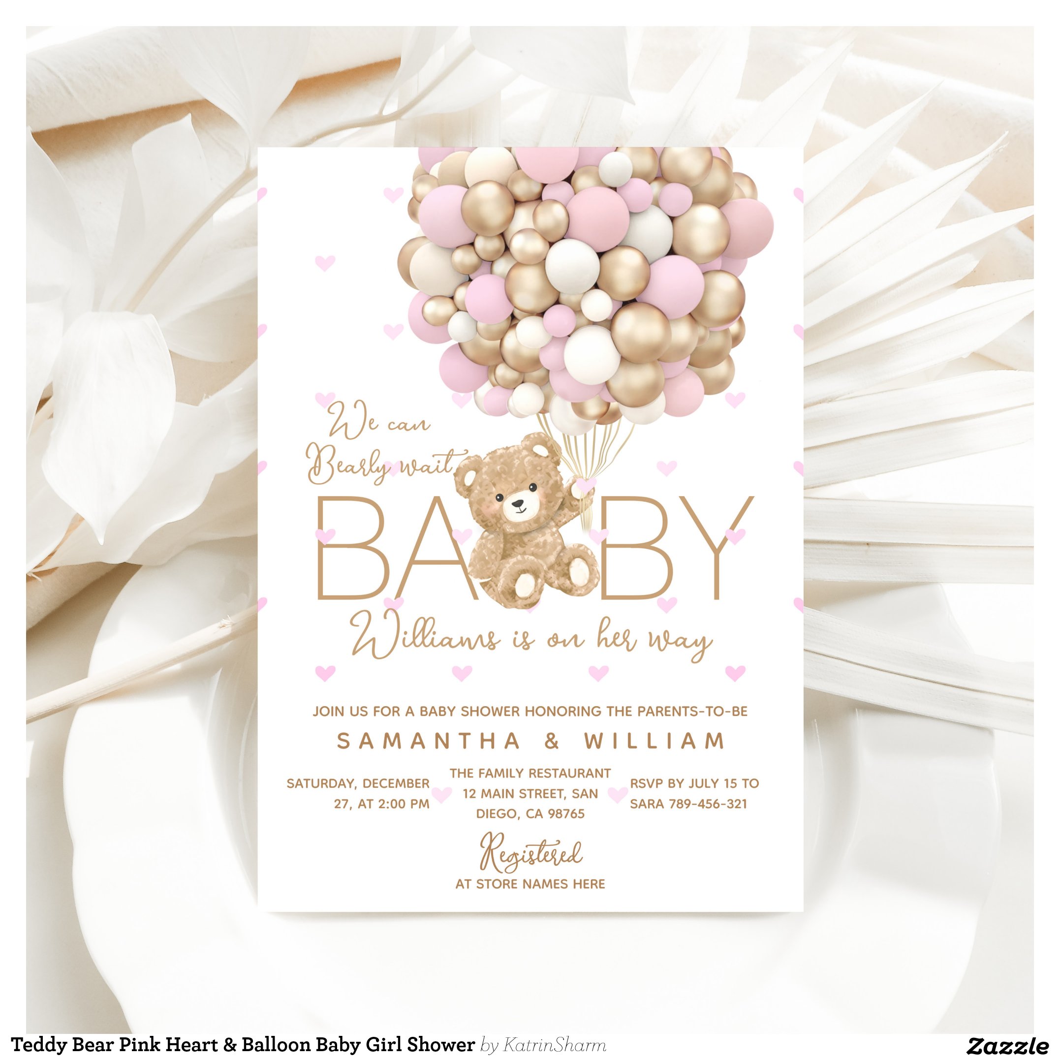 Teddy Bear Pink Heart & Balloon Baby Girl Shower Invitation