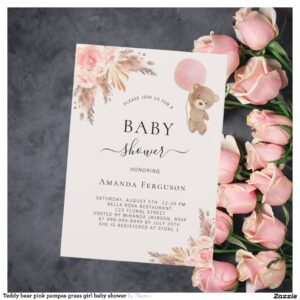 Teddy bear pink pampas grass girl baby shower invitation