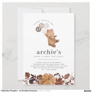 Teddy Bear Pumpkin - 1st Birthday Invitation