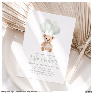 Teddy Bear Sage Green Balloon Baby shower Invitation