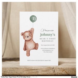Teddy Bear Sage Green First Birthday Party Invitation