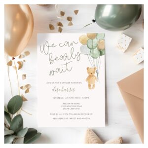 Teddy Bear Sage Green Tan Balloons Baby Shower Invitation