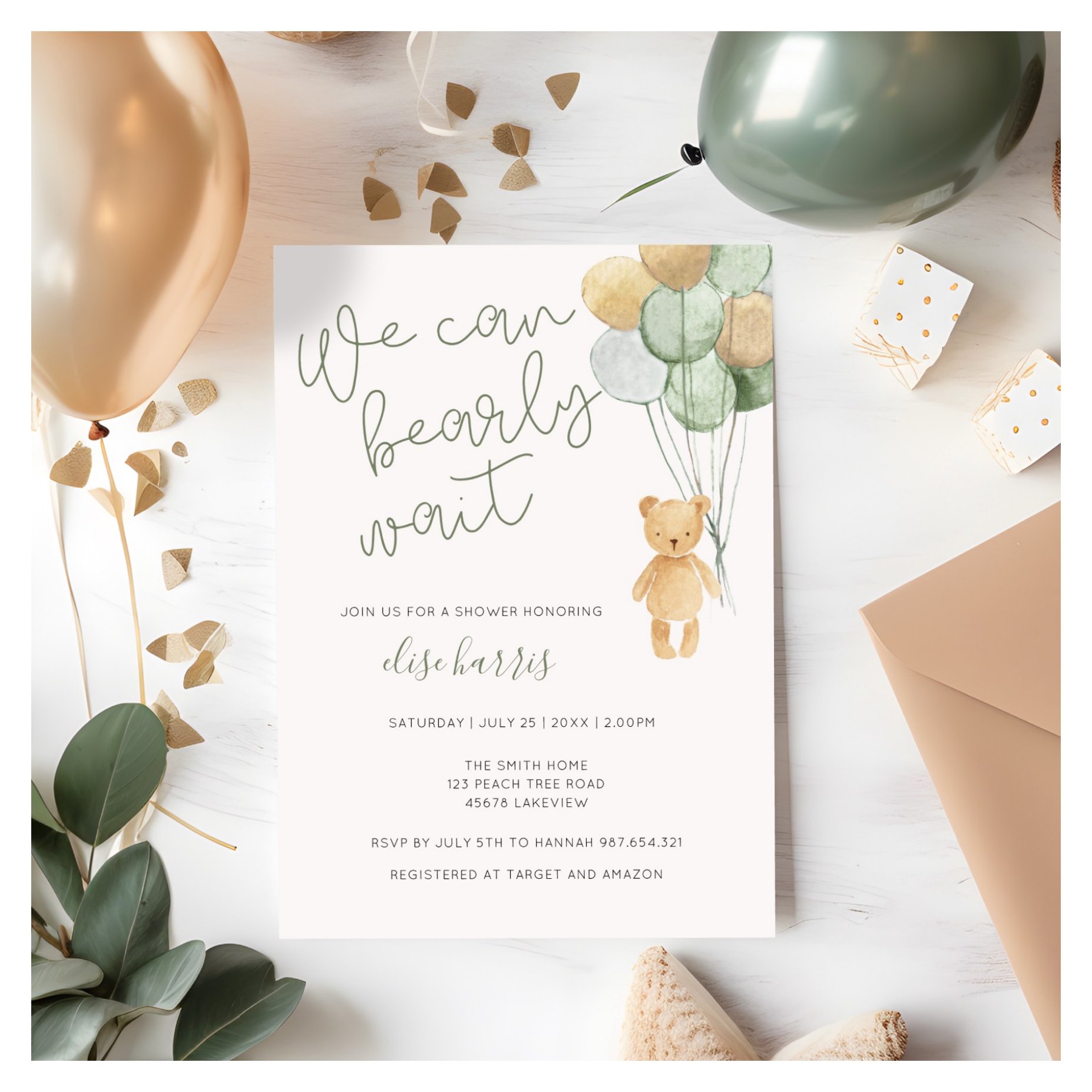 Teddy Bear Sage Green Tan Balloons Baby Shower Invitation