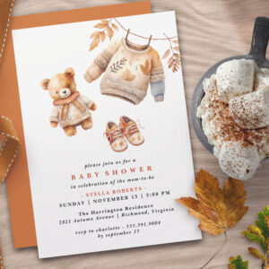 Teddy Bear Simple Cute Neutral Fall Baby Shower Invitation