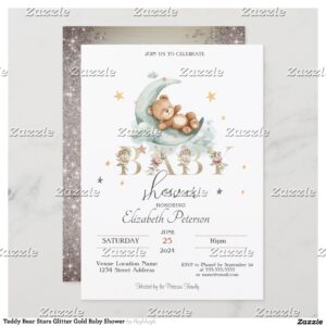 Teddy Bear Stars Glitter Gold Baby Shower Invitation