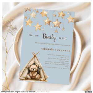 Teddy bear stars teepee blue Baby Shower Invitation