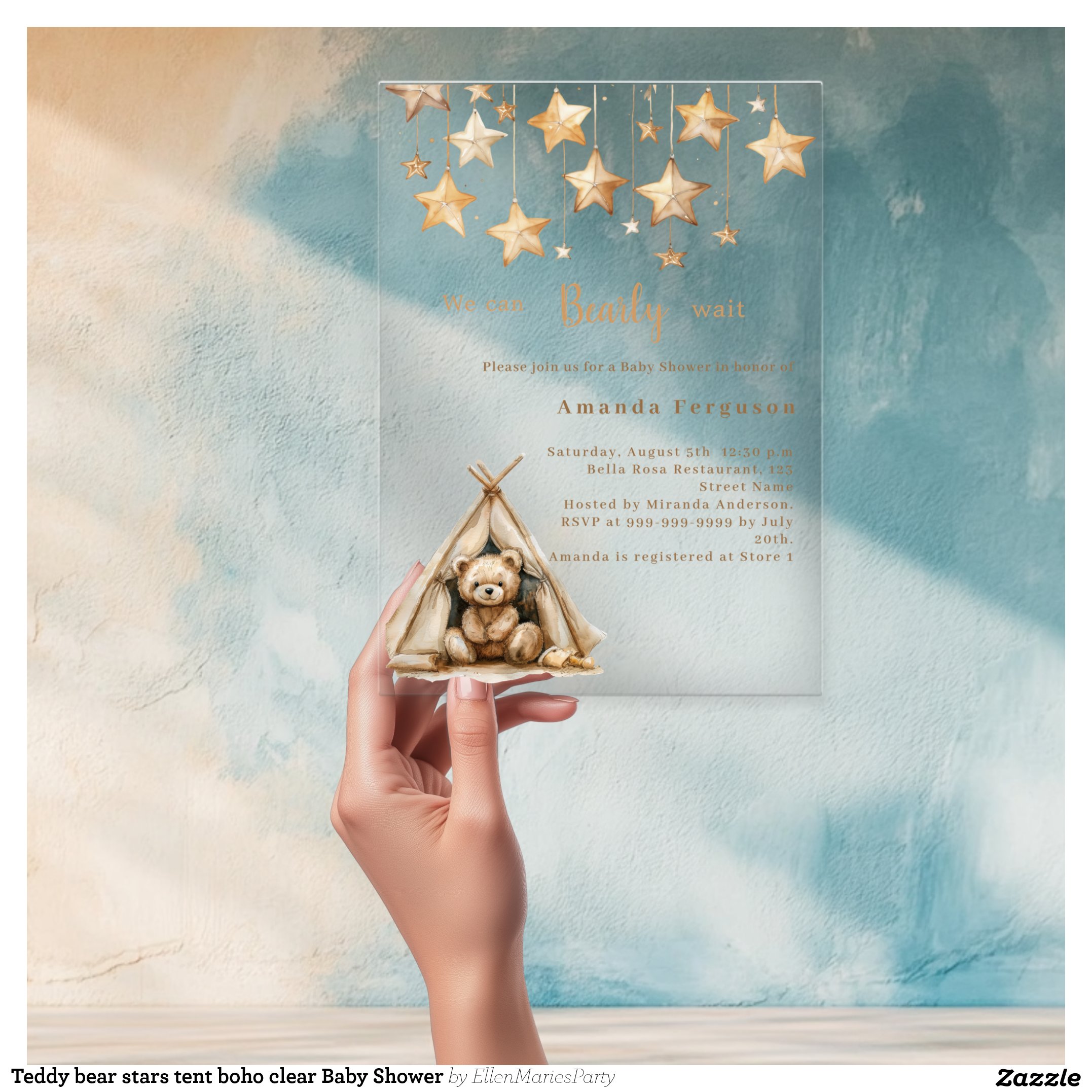 Teddy bear stars tent boho clear Baby Shower Acrylic Invitations