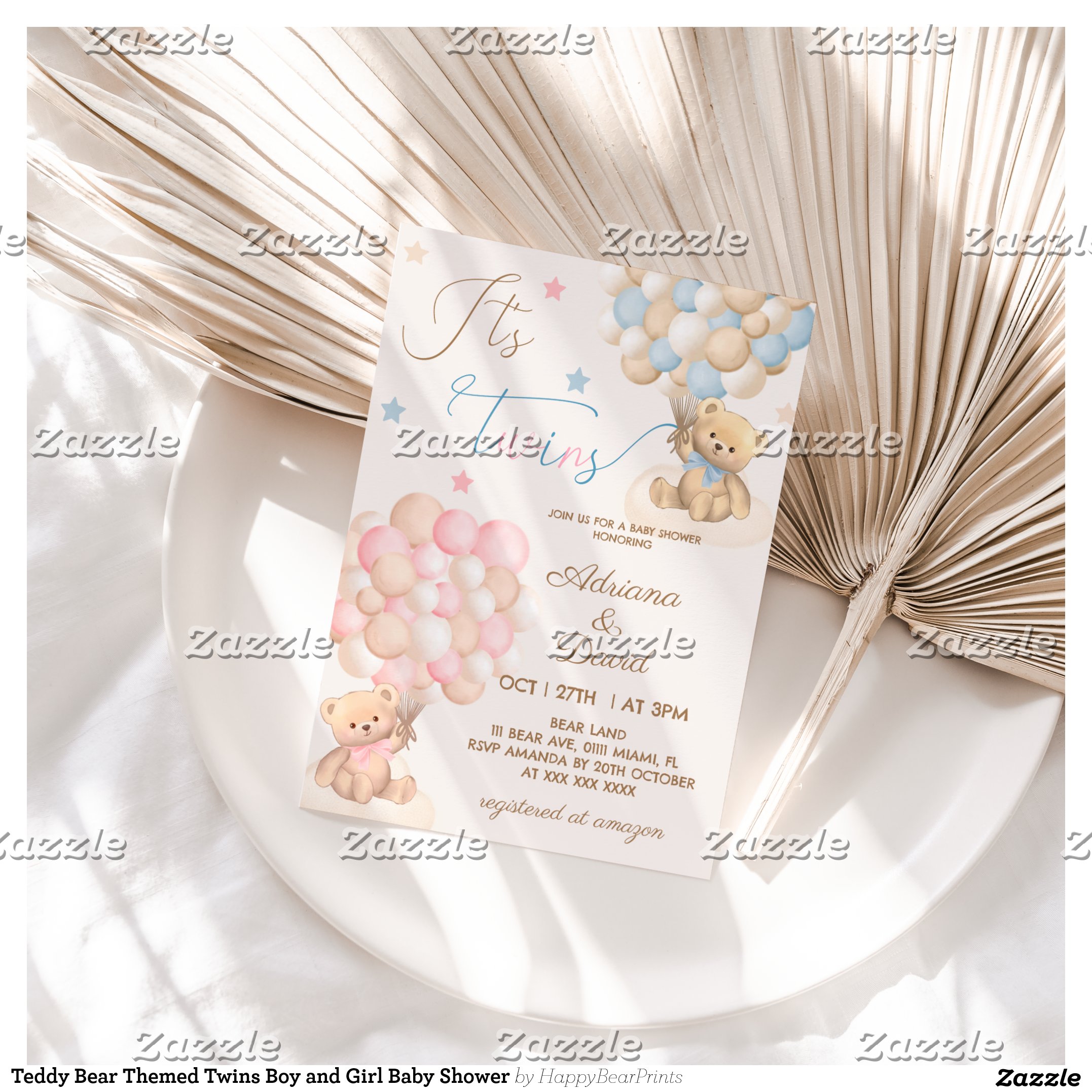 Teddy Bear Themed Twins Boy and Girl Baby Shower Invitation