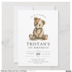Teddy Bear Watercolor Boy's 1st Birthday Invitation