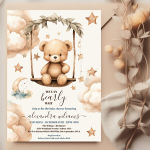 Teddy Bear We Can Bearly Wait Baby Shower Invitation
