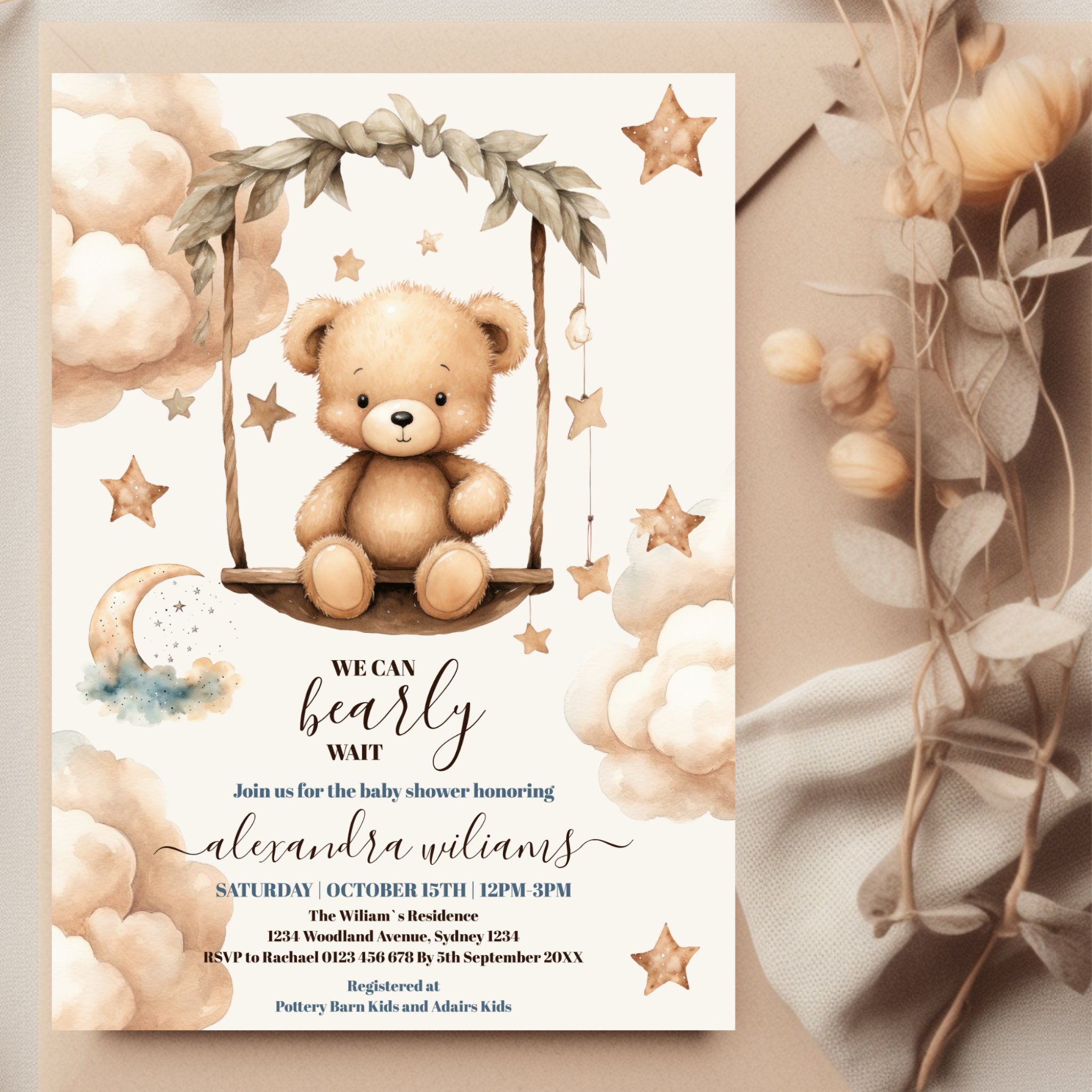 Teddy Bear We Can Bearly Wait Baby Shower Invitation