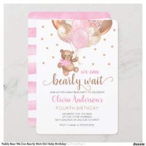 Teddy Bear We Can Bearly Wait Girl Baby Birthday Invitation