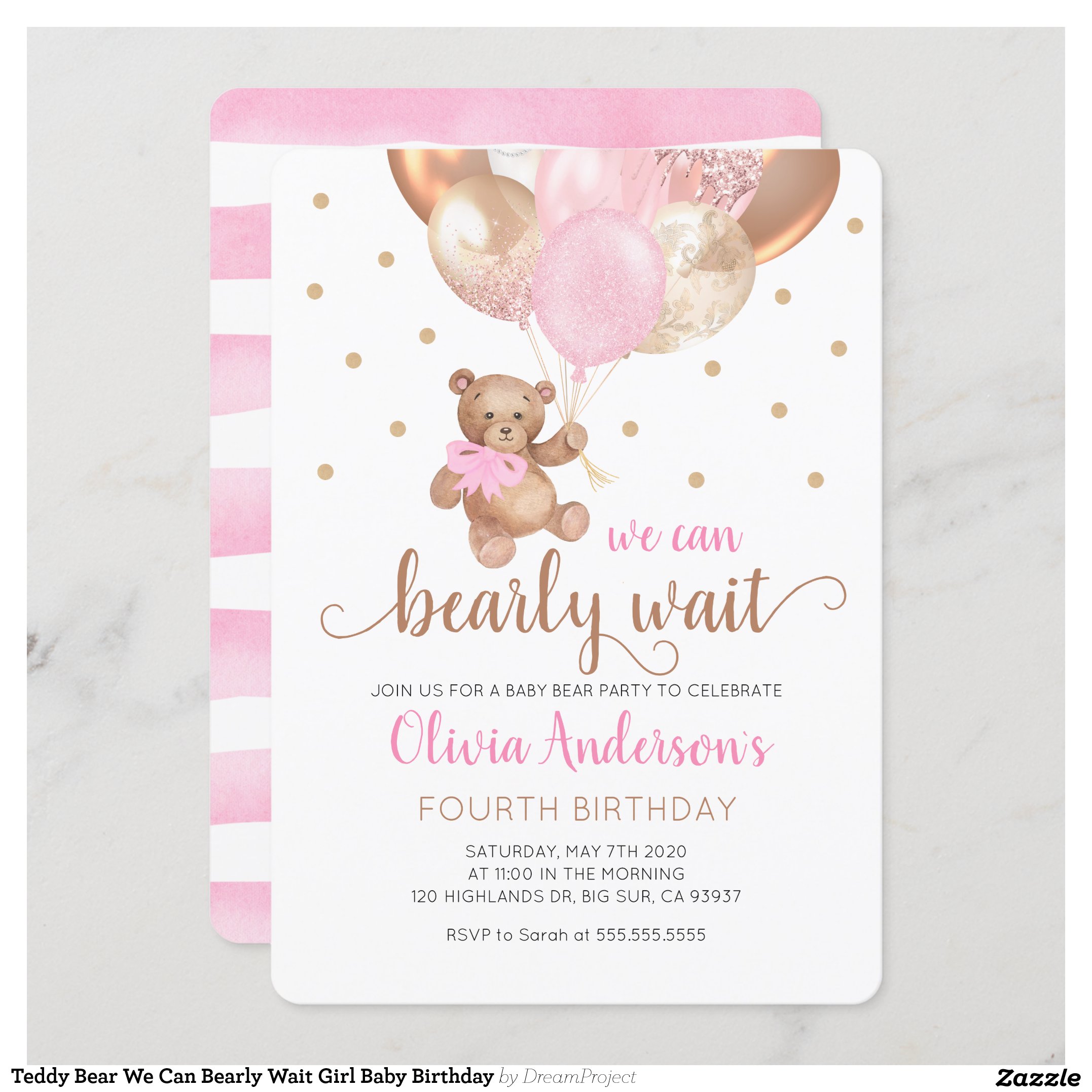 Teddy Bear We Can Bearly Wait Girl Baby Birthday Invitation