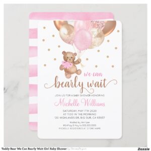 Teddy Bear We Can Bearly Wait Girl Baby Shower Invitation