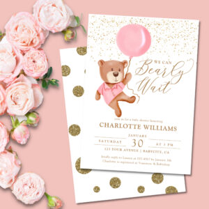 Teddy Bear We Can Bearly Wait Girl Baby Shower Invitation